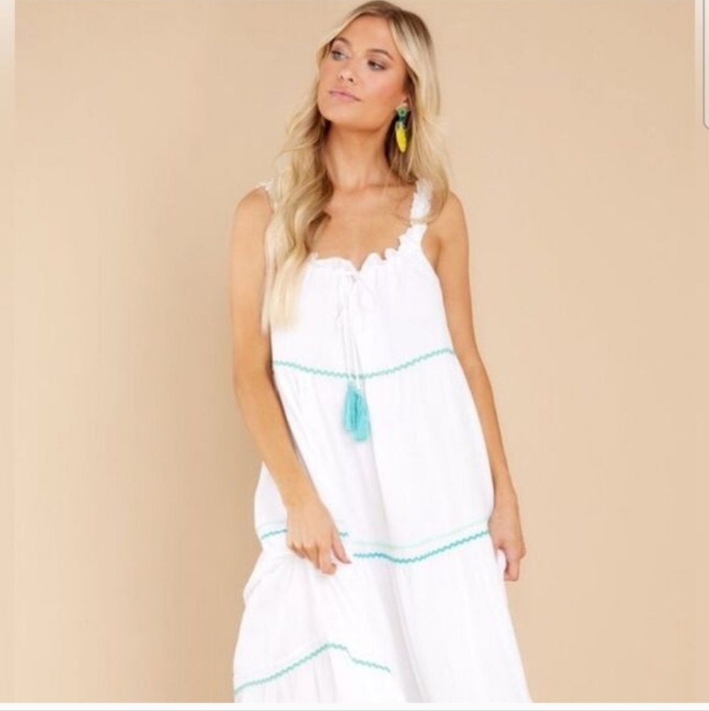 America & Beyond White and Teal Sleeveless Maxi Dress